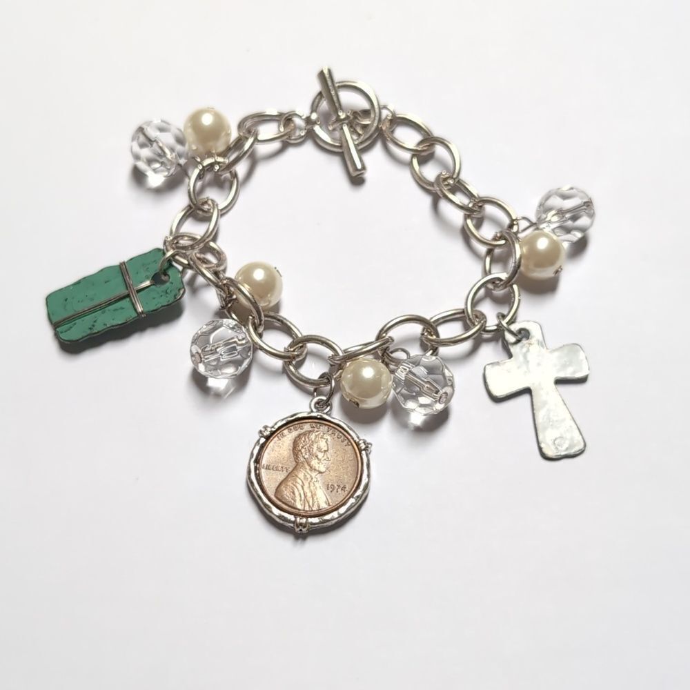 205 Silver Chain Silver Cross‎ Charm and 1974 Penny Inlayed Tennis Bracelet